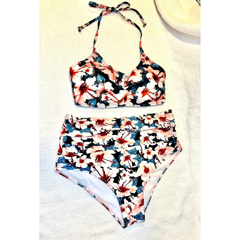 Floral 2-piece Bikini with halter adjustable Top & High Waist Bottom New